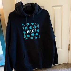 HUF Black Hoodie with Teal Leaf Design
